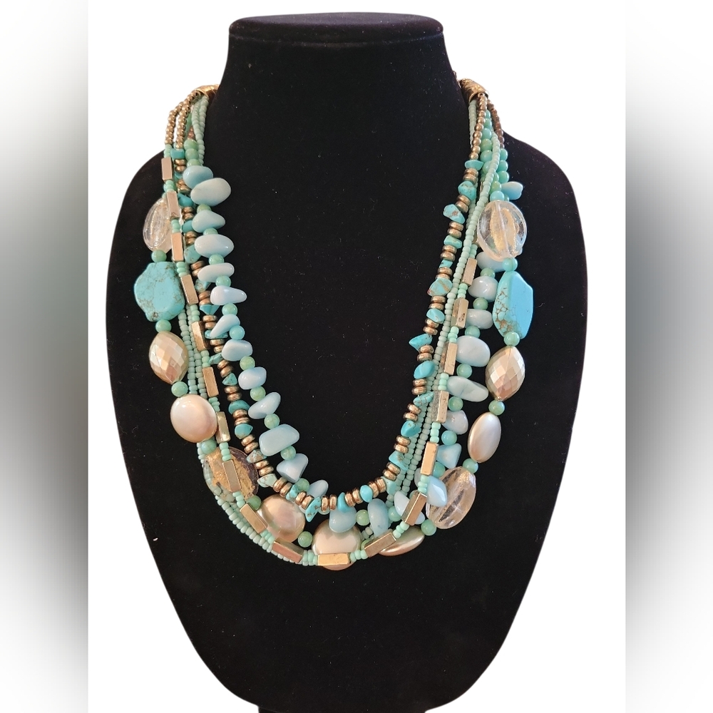 Multi Strand Blue Stone & Beaded Necklace